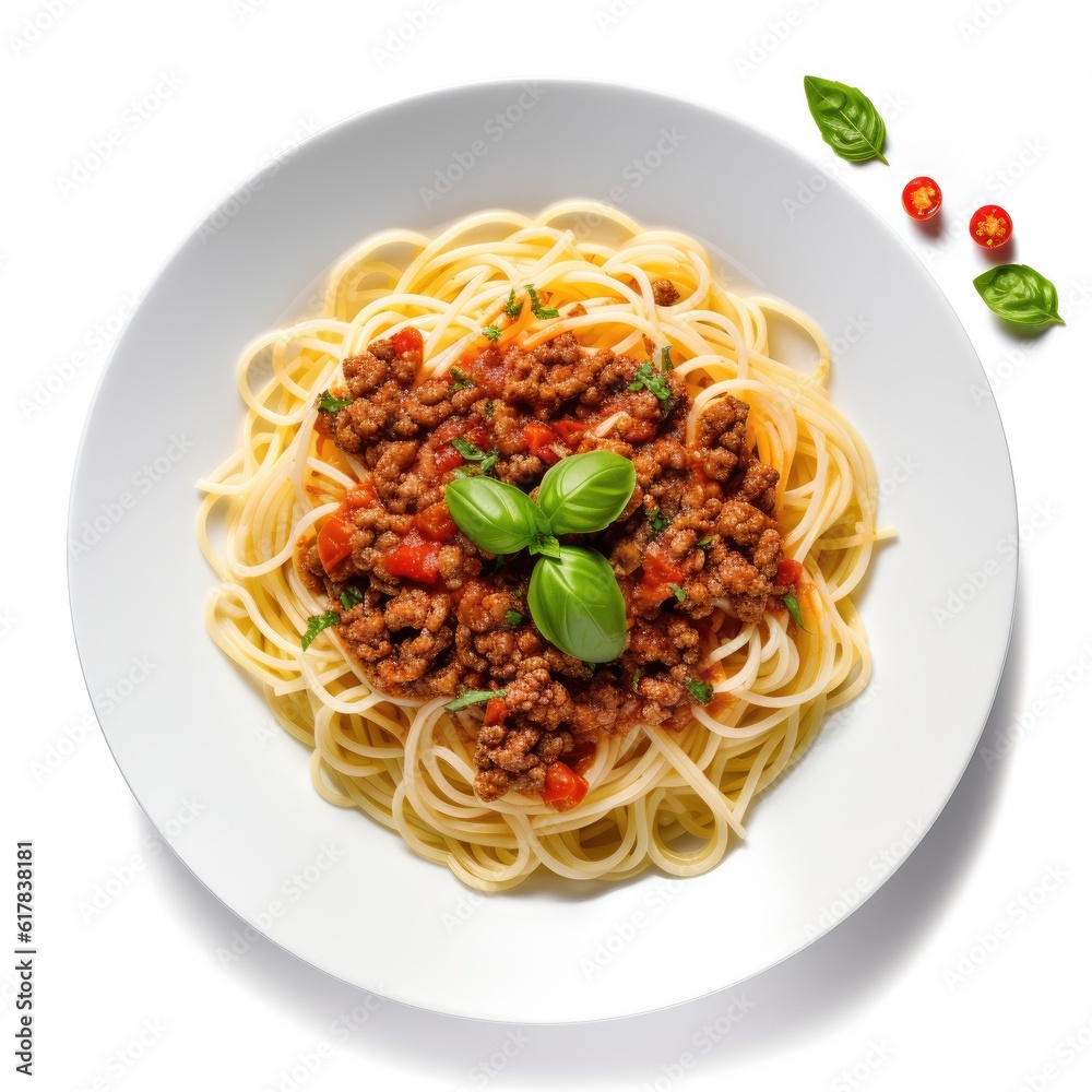 Home made Spaghetti Bolognese made with meat and pasta isolated. Illustration AI Generative