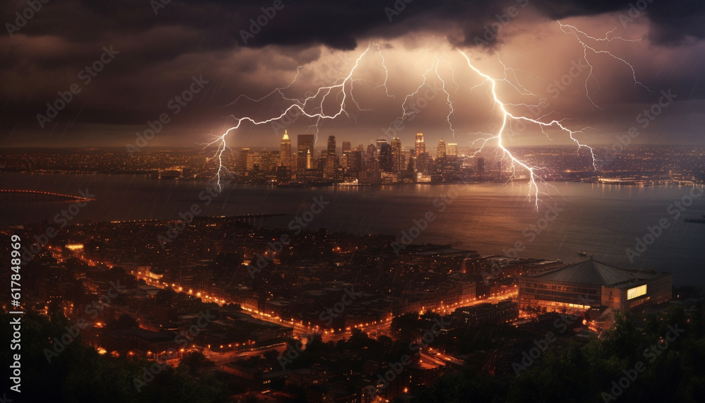 Electricity igniting city skyline, thunderstorm danger, vibrant twilight atmosphere generated by AI