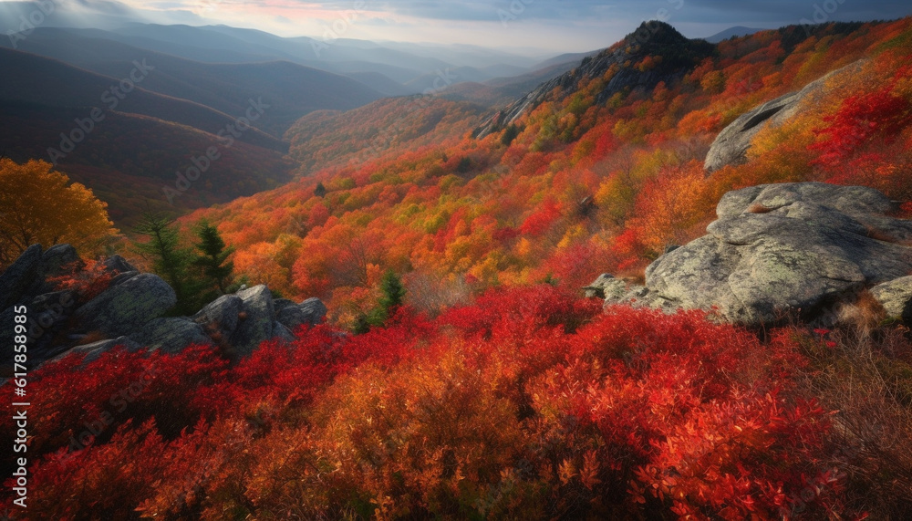 Tranquil autumn landscape vibrant colors, mountain range, golden meadow generated by AI
