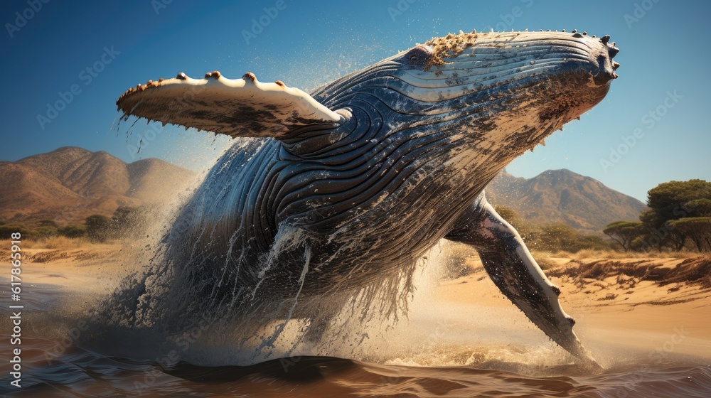 Humpback Whale, Humpback whale breaching in sea.
