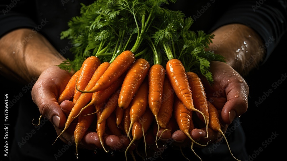 Freshly carrots in hand, Healthy organic food, vegetables, agriculture, close up.