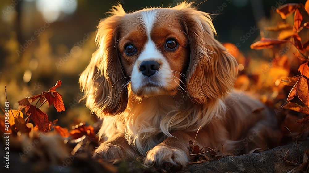 Cavalier King Charles Spaniel dog in autumn leaves. Cavalier King Charles Spaniel in the park.