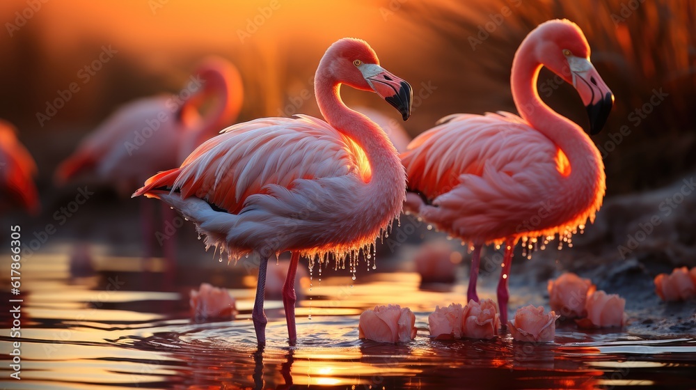 Group of Flamingos standing in water at sunset.