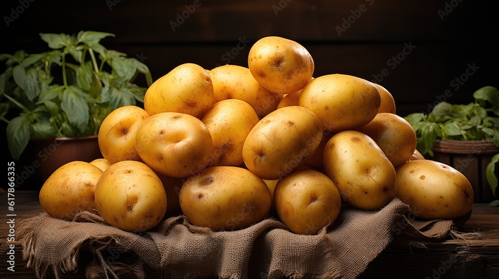 Raw potato food, Fresh potatoes on wooden background.