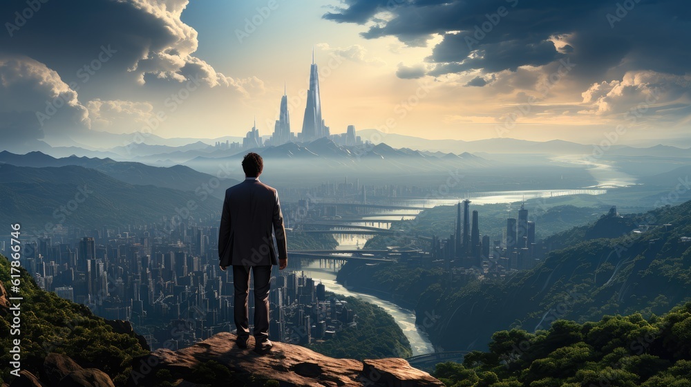 Back view of businessman standing on mountain top looking at cityscape, Competition and leader conce
