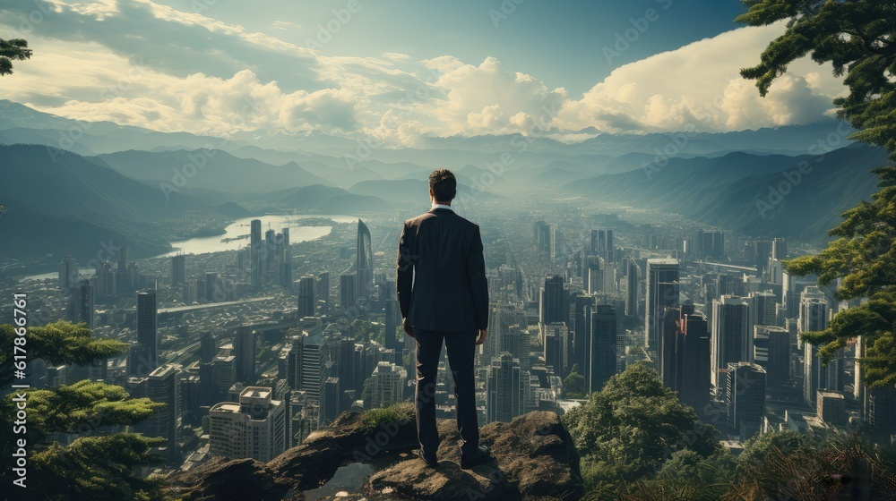 Back view of businessman standing on mountain top looking at cityscape, Competition and leader conce