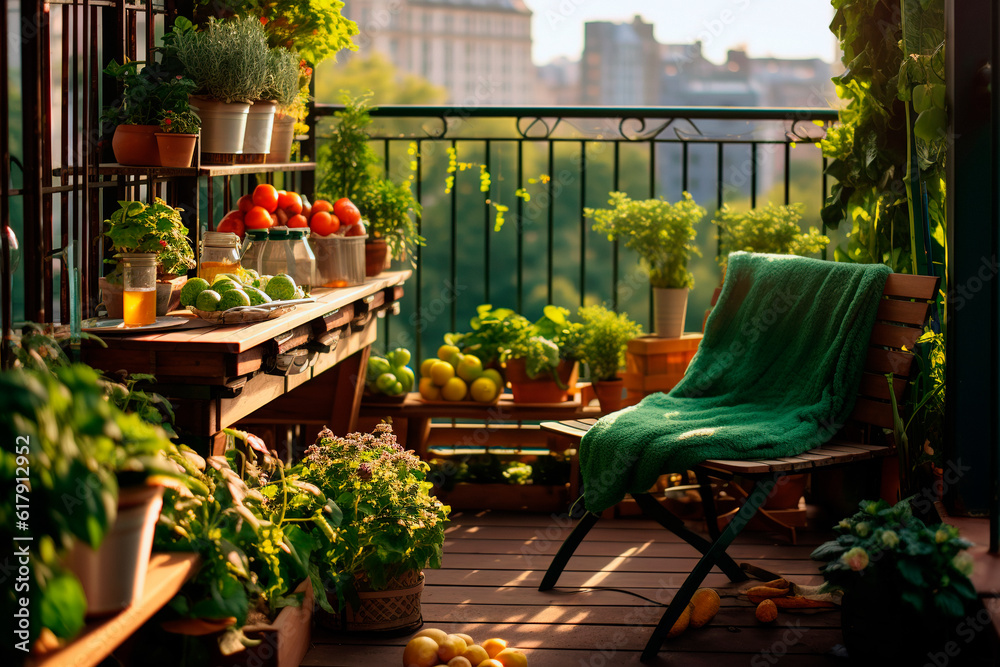 Urban balcony organic garden. Vegetable gardening in the city