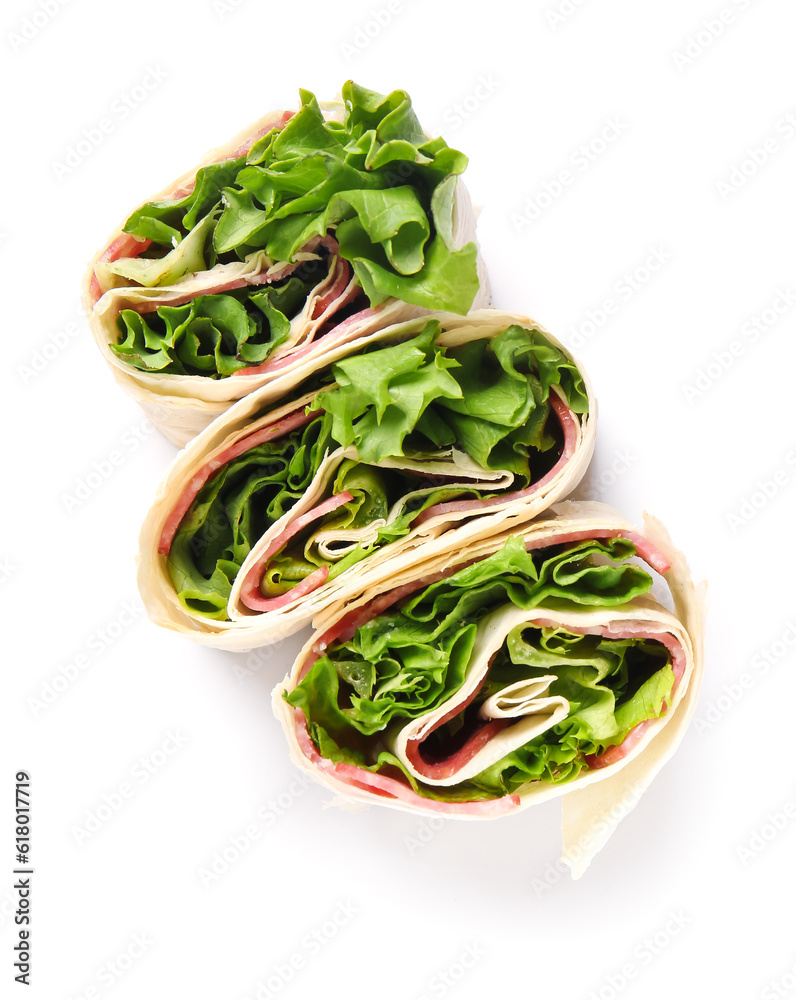 Tasty lavash rolls with sausages isolated on white background