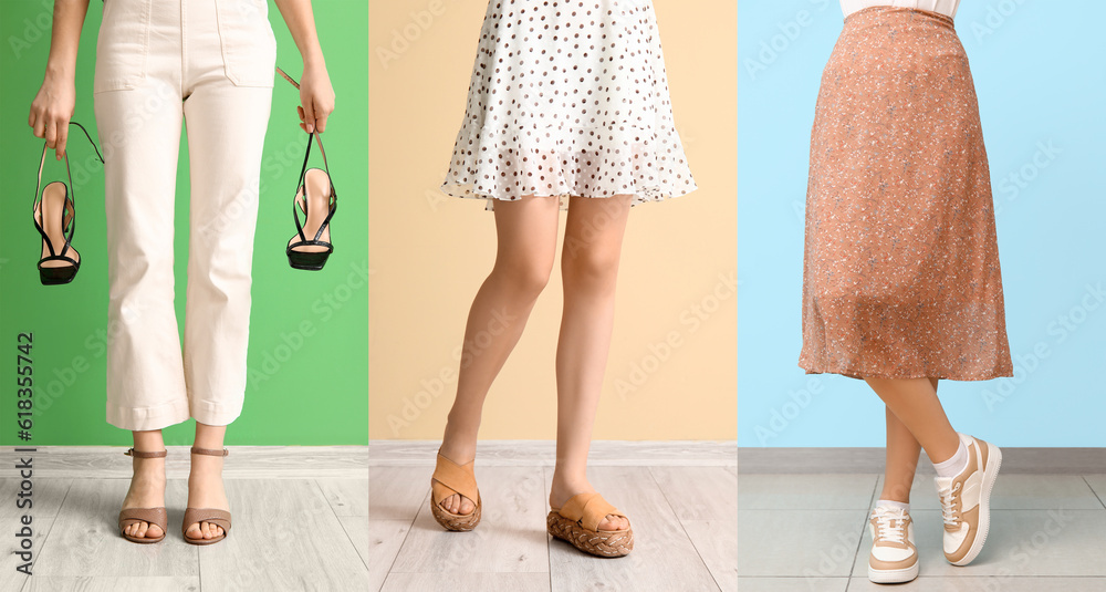 Collage of woman in different stylish shoes near color walls