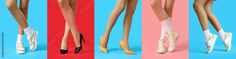 Collage of female legs in different stylish shoes on color background