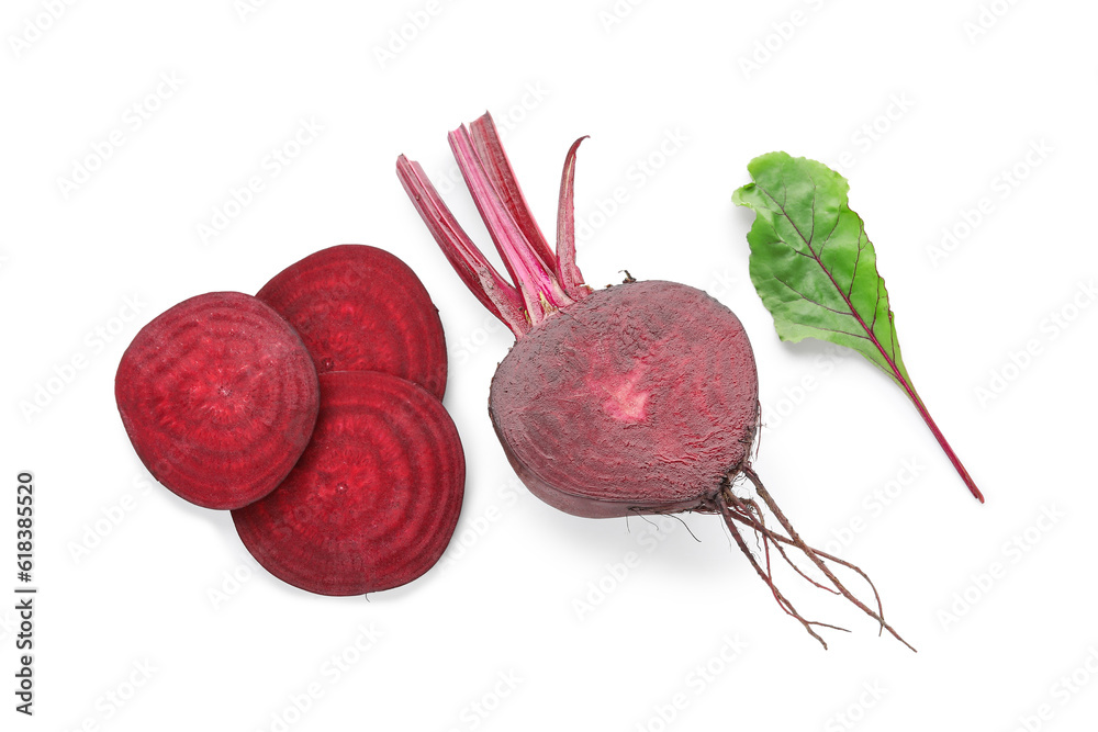 Half of fresh beet, cut slices and leaf on white background