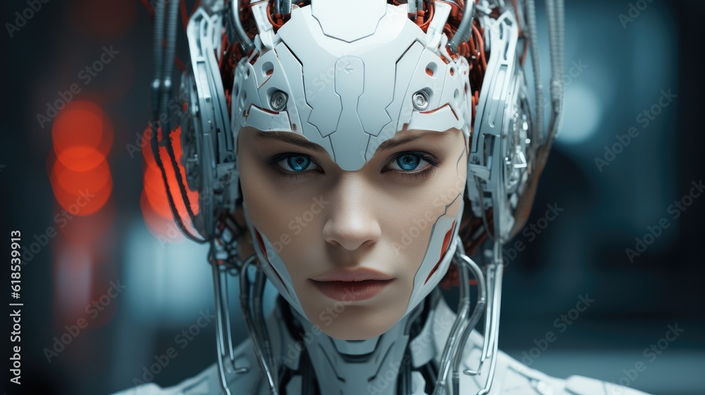 Robot face like real women, Futuristic artificial intelligence robot woman.