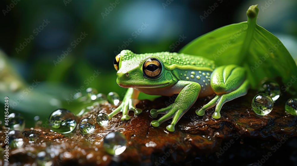 Green Emerald glass frog on a leaf on a nature background.
