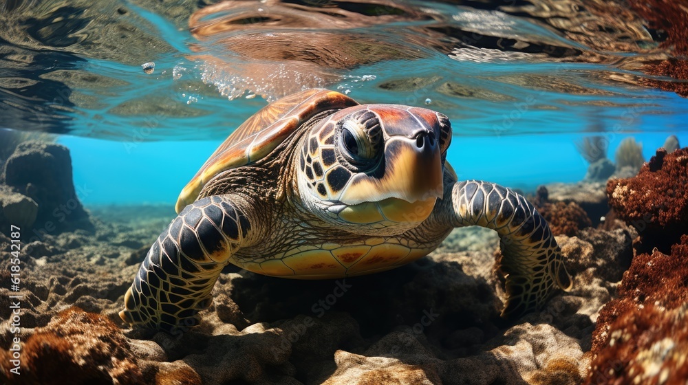Hawaiian Green Sea Turtle swimming underwater.
