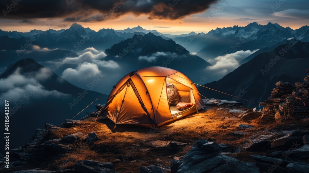 The travelers orange tent on high mountain and sea of mist, Summer night landscape.
