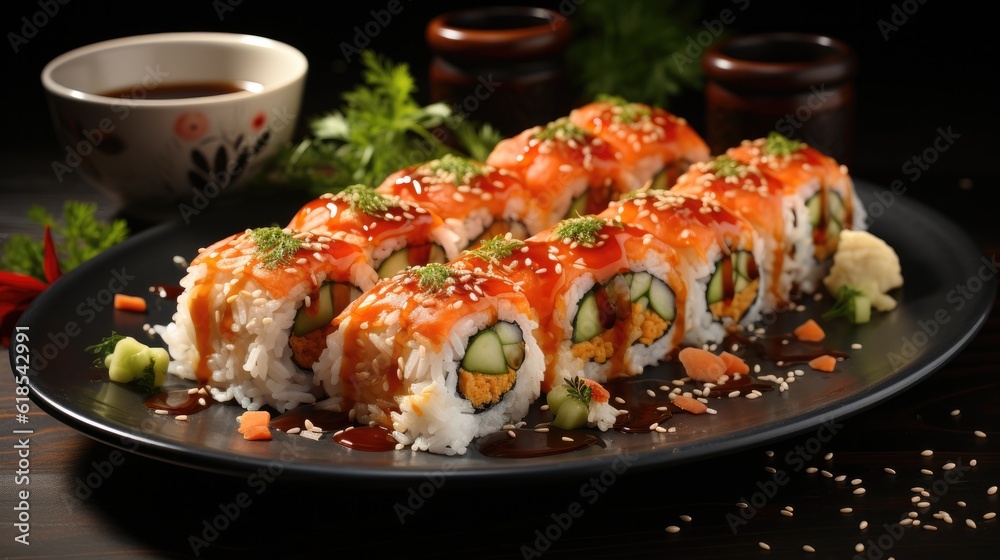 Traditional Japanese sushi rolls with ginger and soy sauce, Sushi with salmon, tuna, shrimp.