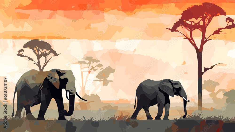 African savanna landscape with elephants and trees. Illustration.