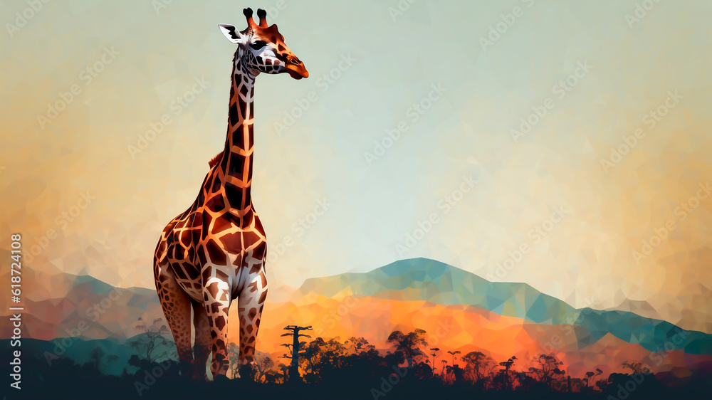 A giraffe in front of a background of mountains. Illustration.