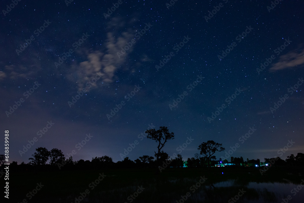 Blue night panorama, milky way sky and stars on a dark background,starry universe, nebula and galaxi