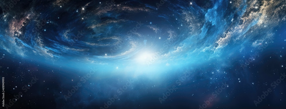 A view from space to a spiral galaxy and stars. Universe filled with stars, nebula and galaxy,. Elem