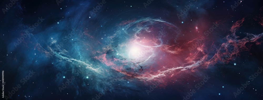 A view from space to a spiral galaxy and stars. Universe filled with stars, nebula and galaxy,. Elem
