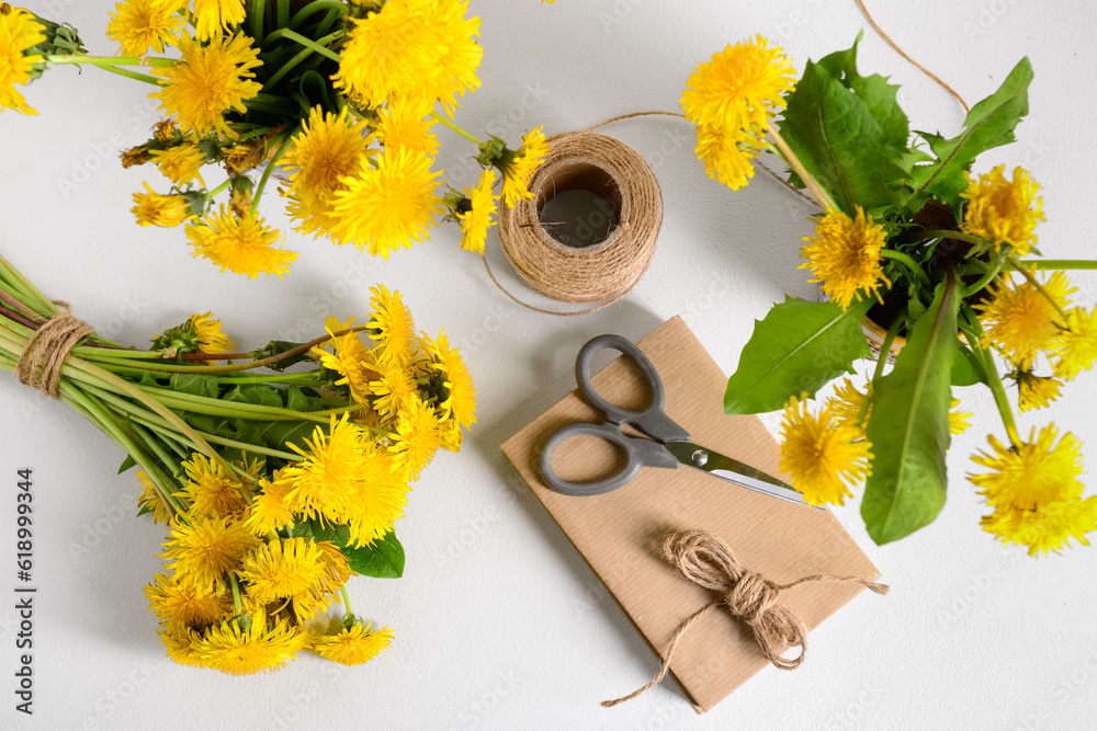 Composition with beautiful dandelion flowers, rope, scissors and book on light background