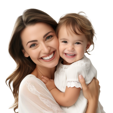 一位快乐的母亲抱着她的女婴在白色透明背景下的肖像；