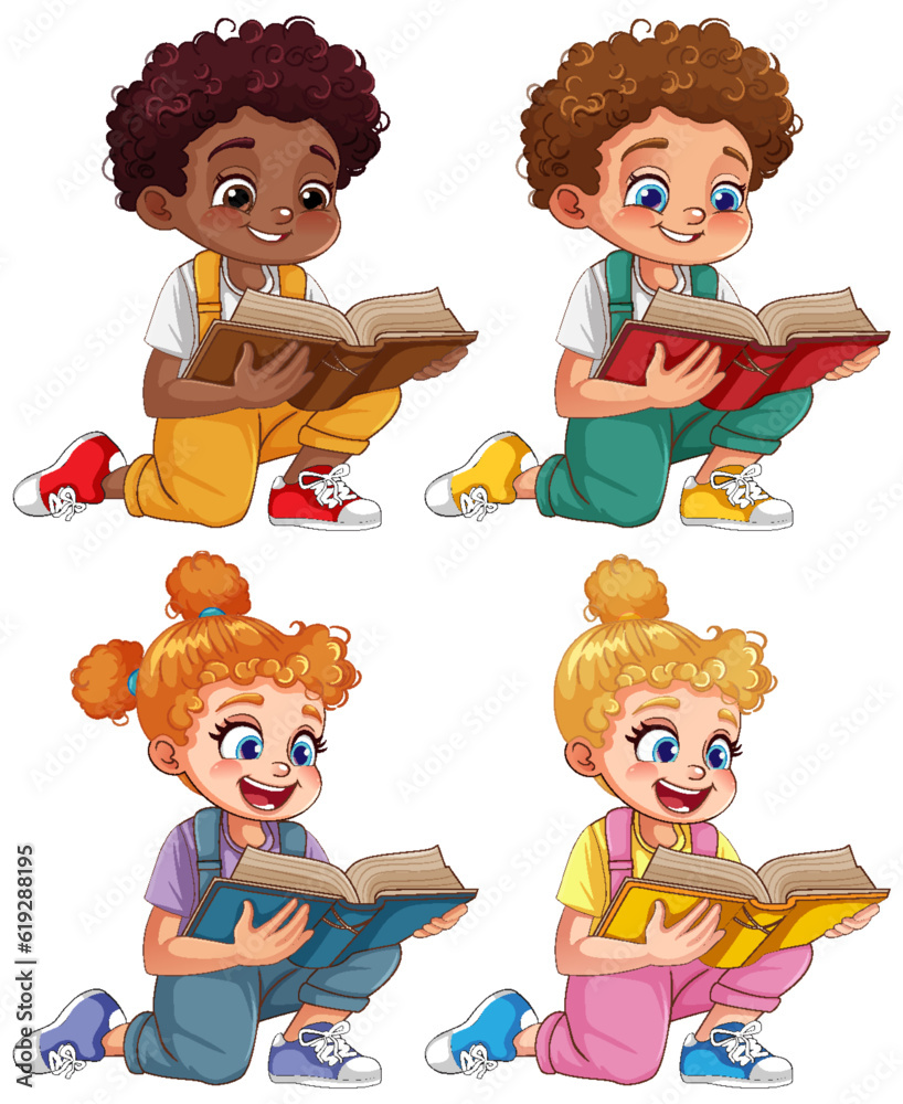Set of boy and girl with curly hair in different skin colour reading a book