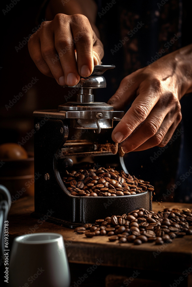 A hand pulverising coffee beans from a coffee grinder.