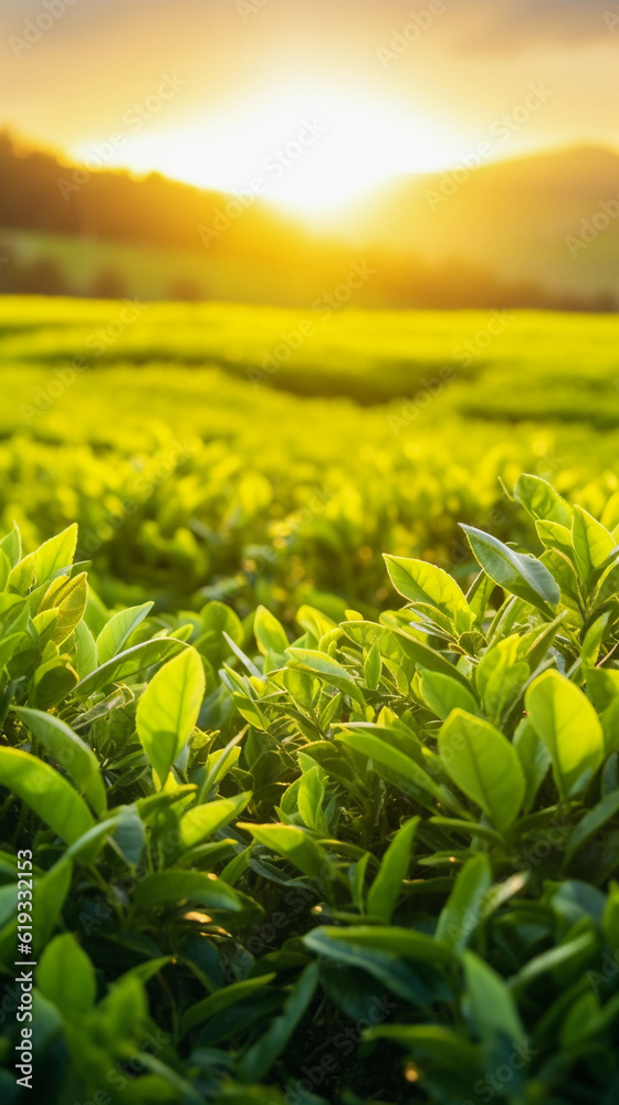 Growing green tea in a green tea plantation with golden sunlight