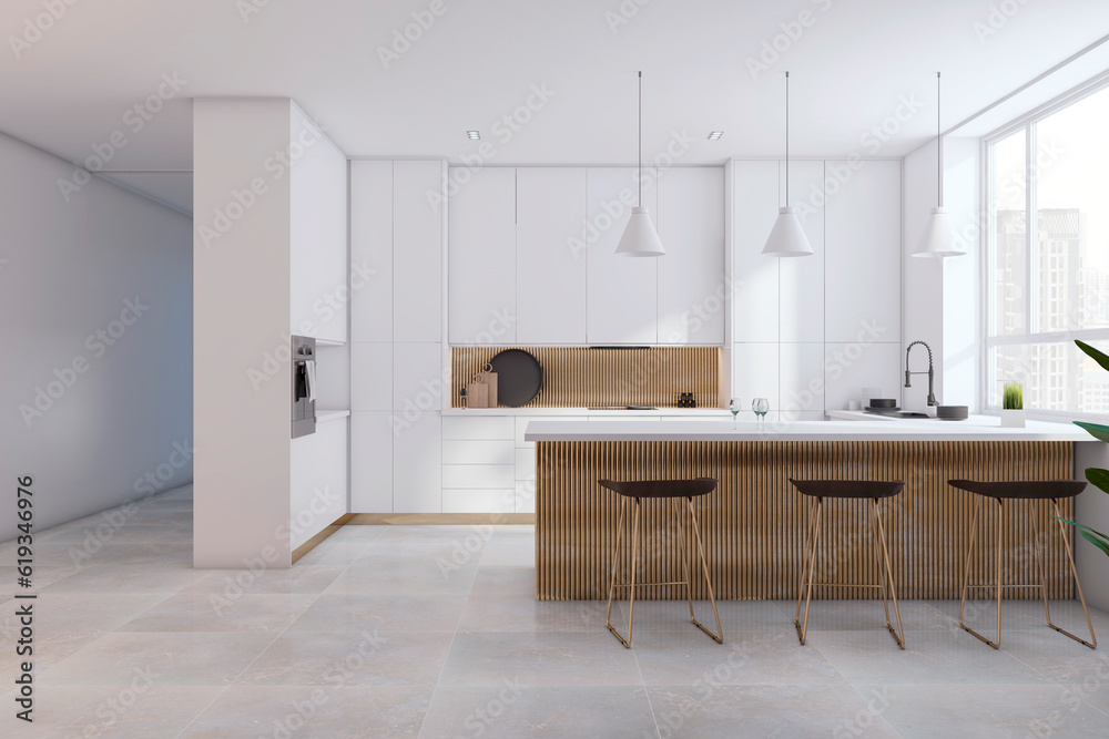 Front view of spacious empty modern kitchen interior with ceramic tiles floor and white walls. 3D Re