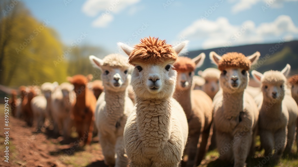 Alpaca herd on a spring meadow on a summer day.