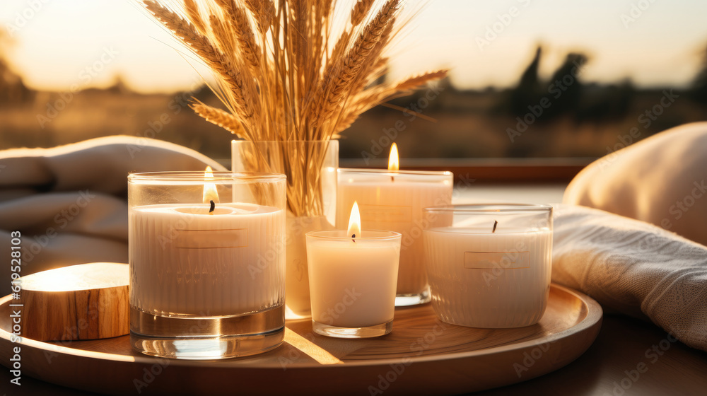 Candle on wooden table near natural decor, Ethnic packaging mockup, Home decorations in Bohemian or 