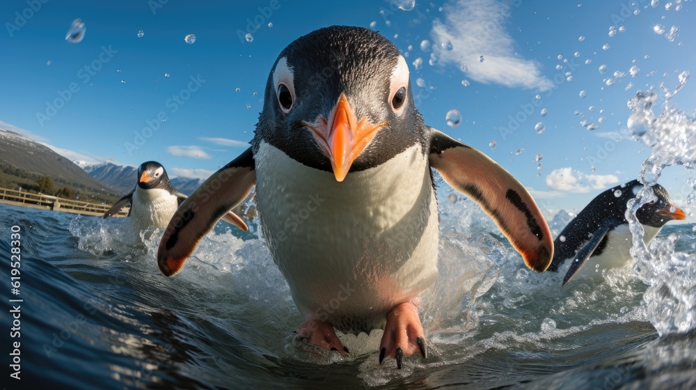 Gentoo Penguins are swimming at sea.