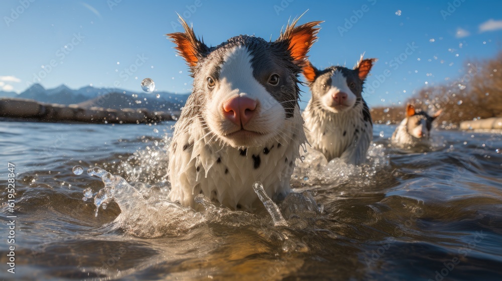 Pigs are swimming in the river.