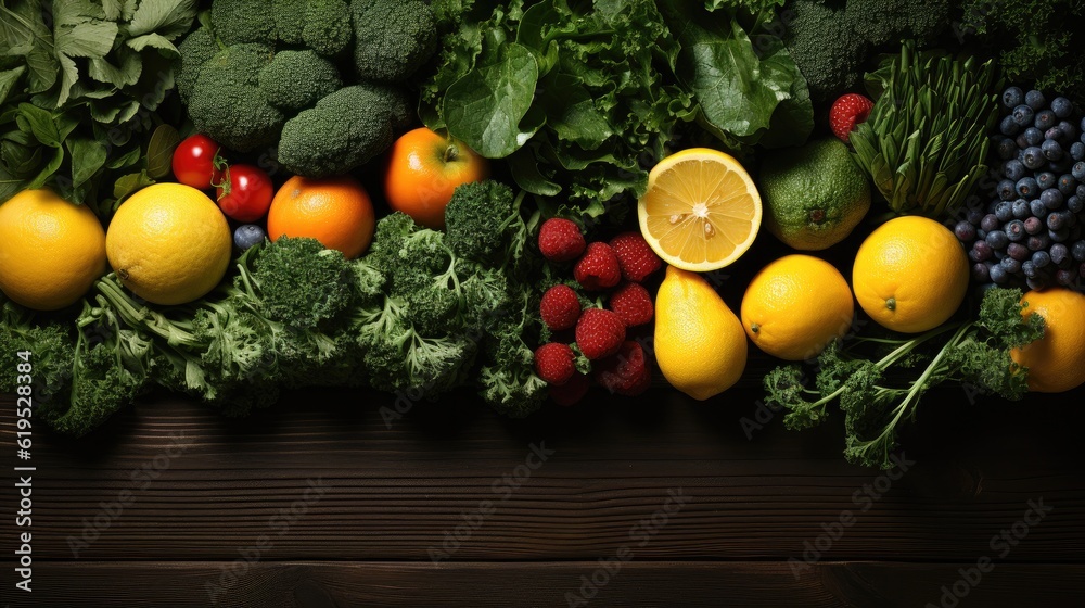 Green food, variety of organic fruits and vegetables on a wooden background, Healthy eating.
