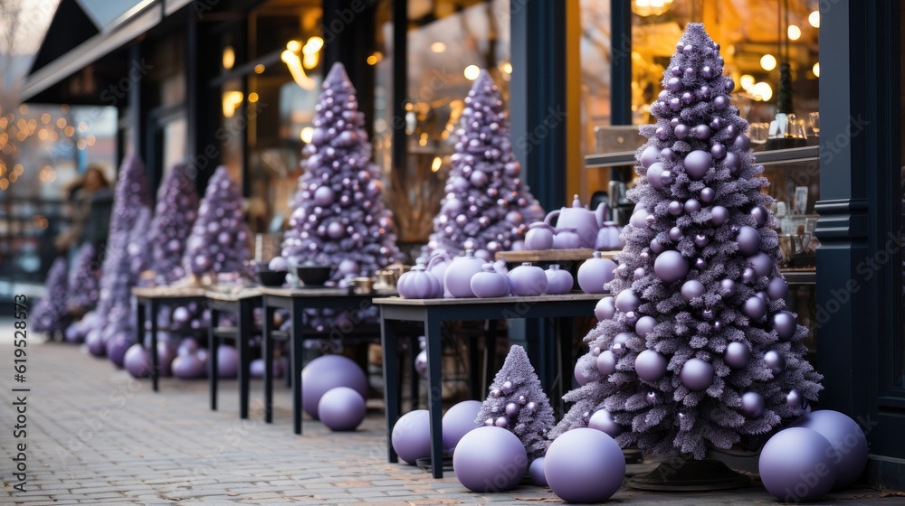 Merry Christmas, Modern purple christmas tree with ornaments and lights in store front or building f