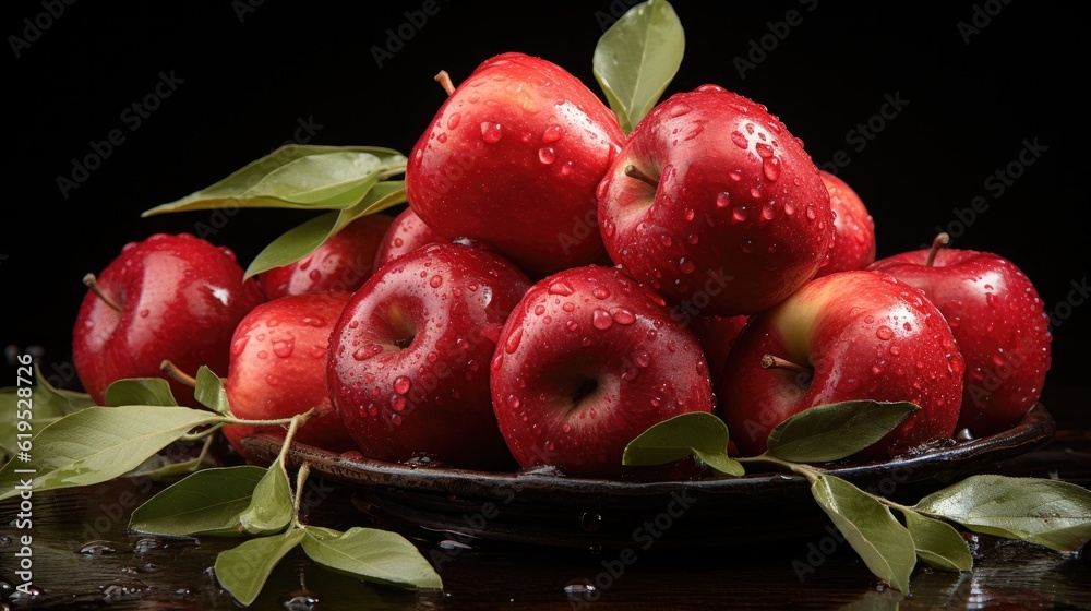 Red apples with leaves on the table, Fresh red apples.
