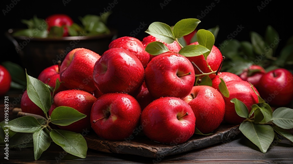 Red apples with leaves on the table, Fresh red apples.