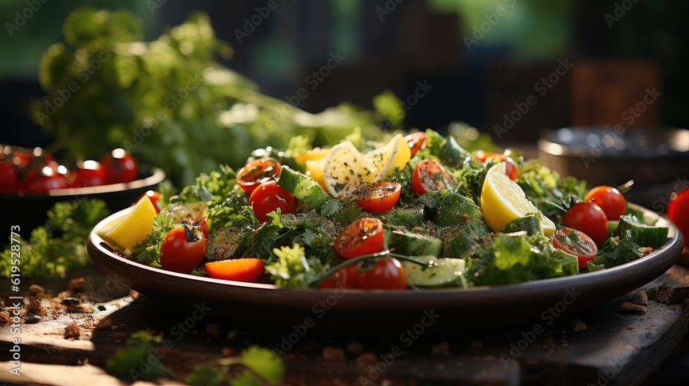 salad with vegetables and greens on wooden, Healthy food.