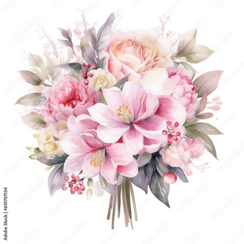 Classic light pink creamy beige flowers, design wedding bouquet. Floral watercolor illustration on w