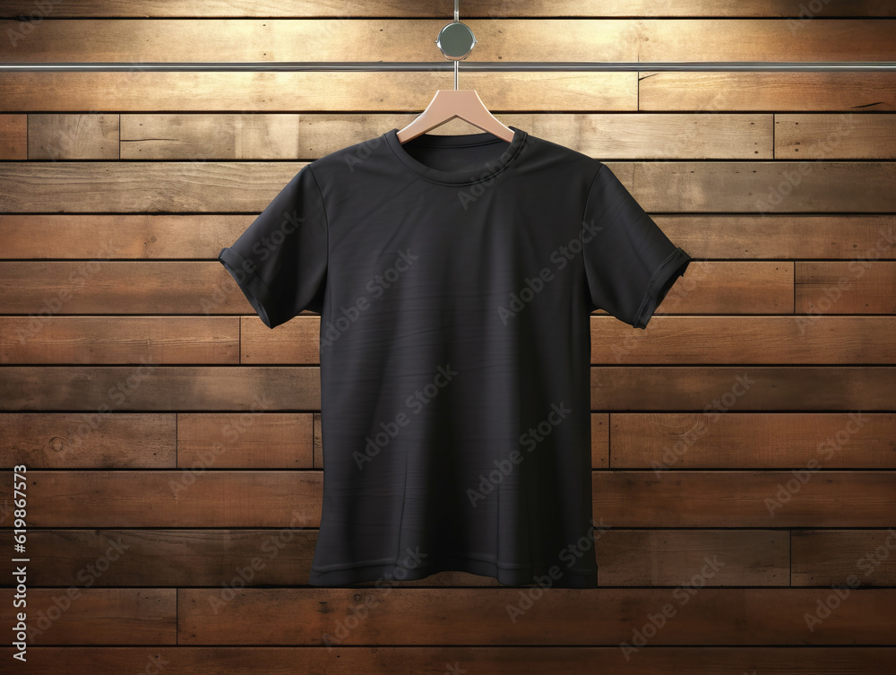 Black blank t-shirt hanging on a coat hanger against a wooden wall background, mockup. Generative AI