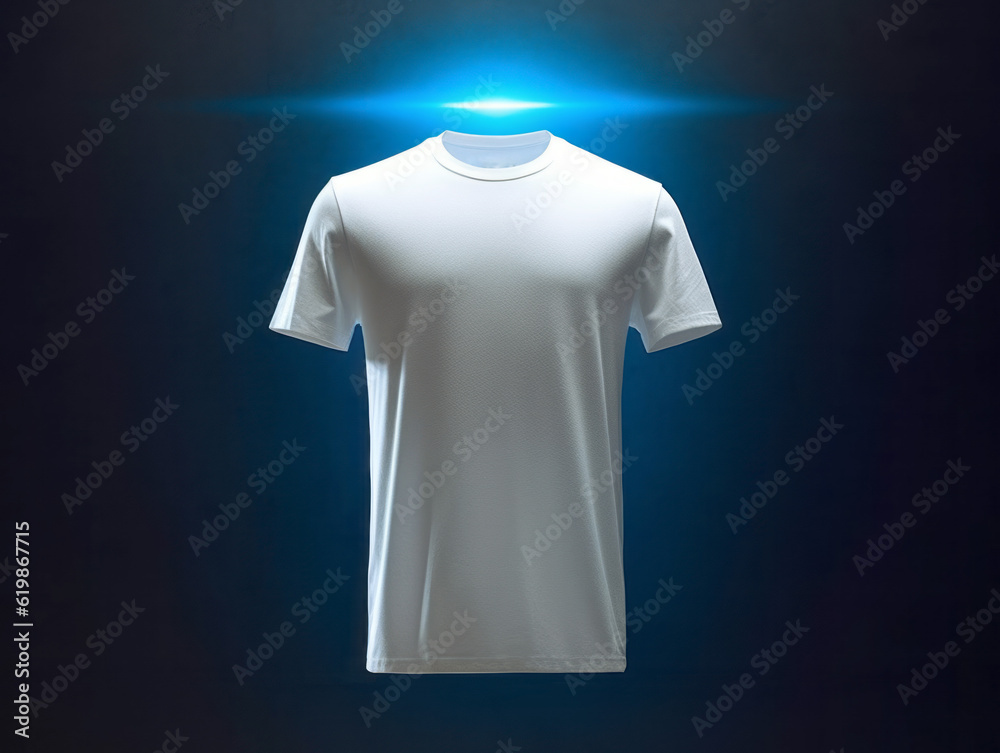 White blank t-shirt hanging on a coat hanger against a abstract blue background, mockup. Generative 