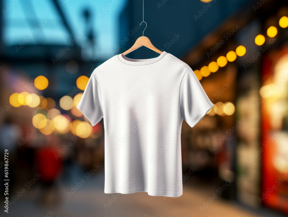 White blank t-shirt hanging against blurred shopping gallery, mockup. Generative AI