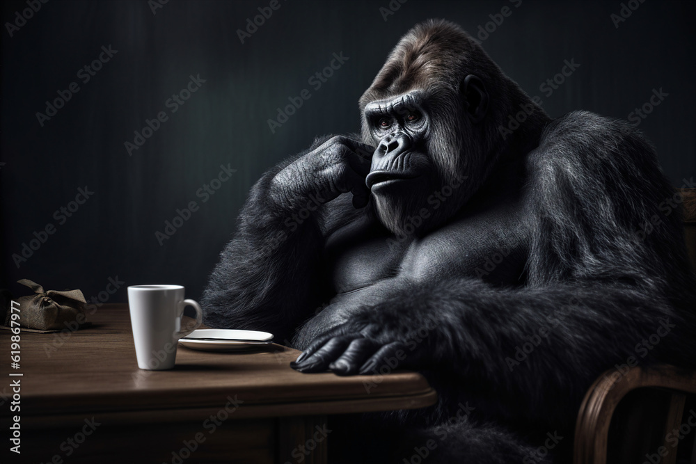 Creative image picture collage of lonely anthropomorphic gorilla sitting in dark interior cafe have 