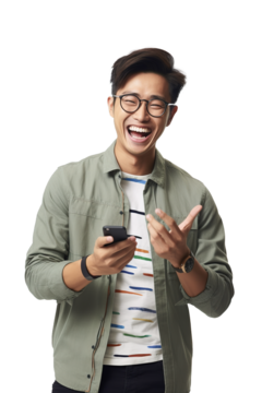 亚裔美国男子在白色透明背景下使用智能手机时大笑
