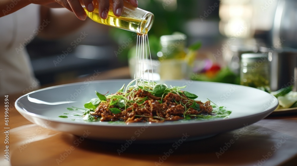 Chef hand squeezing lime juice onto plate with spinach, brown noodles and tempeh Illustration AI Gen