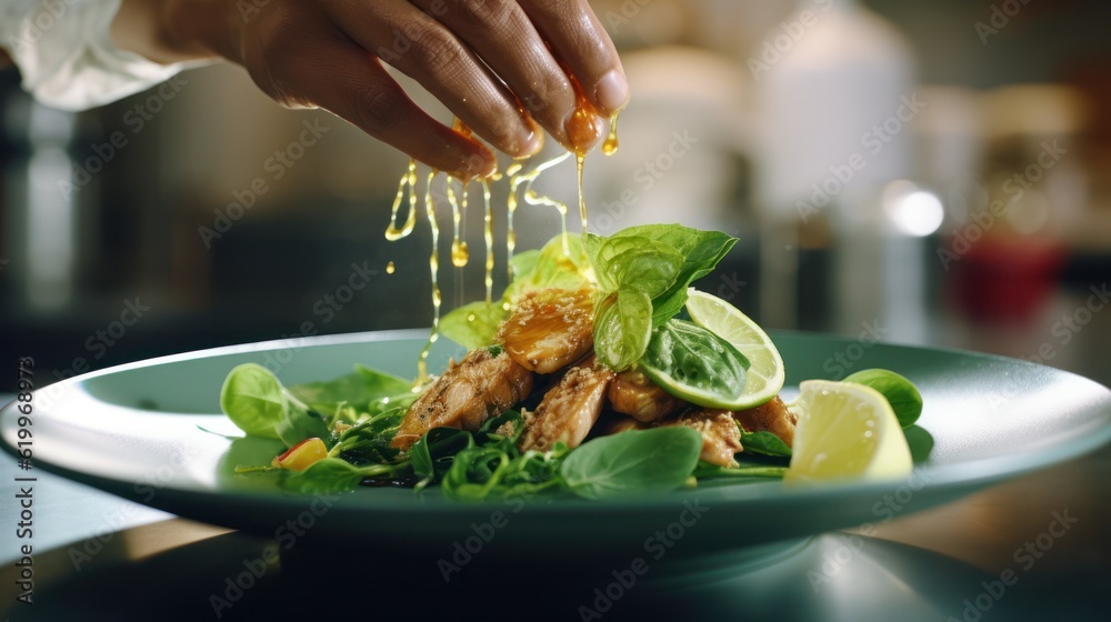 Chef hand squeezing lime juice onto plate with spinach, brown noodles and tempeh Illustration AI Gen