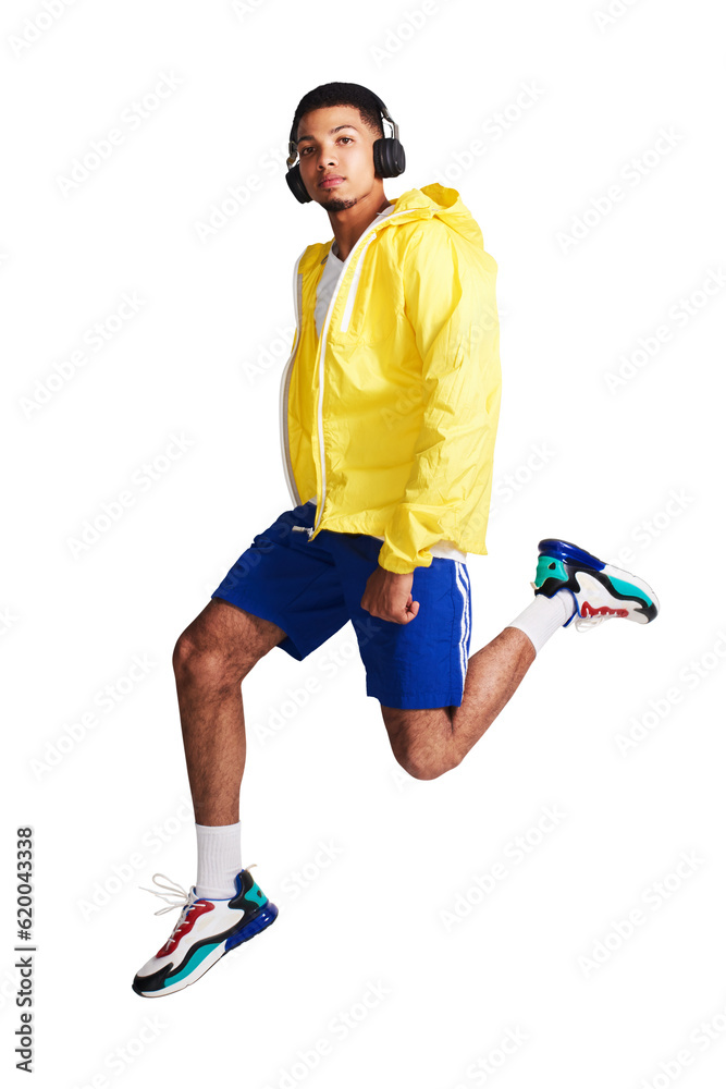 Isolated man, jump and headphones for portrait, music and training for health by transparent png bac