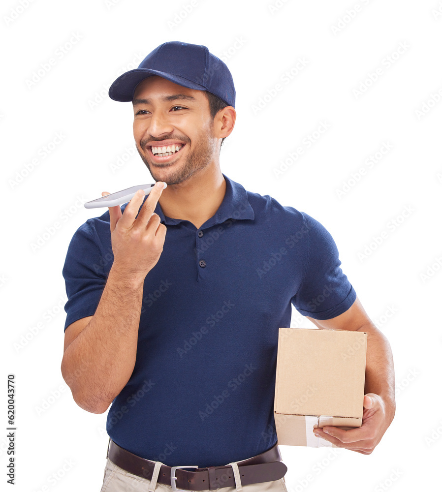 Courier, delivery and Asian man with box, phone call and contact isolated on a transparent png backg